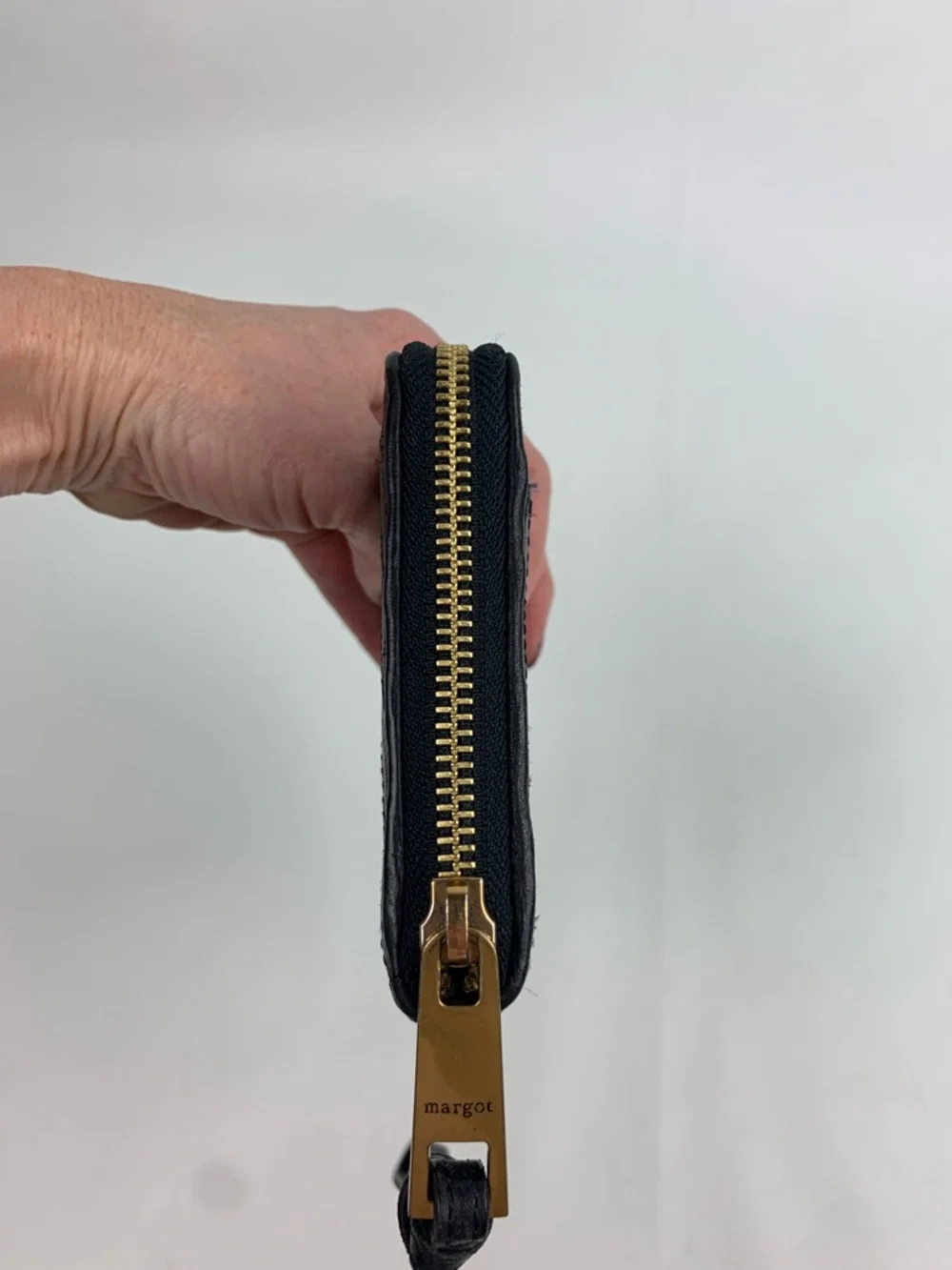 margot Black leather Quilted Wristlet wallet with Gold Hardware zipper NEW